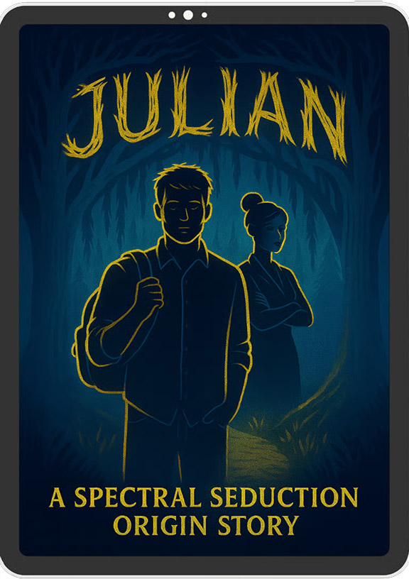 Julian Julian by Devora Gray and Len M. Ruth, a free Spectral Seduction prequel displayed on a tablet, featuring a man with a backpack and a woman in a dark forest.