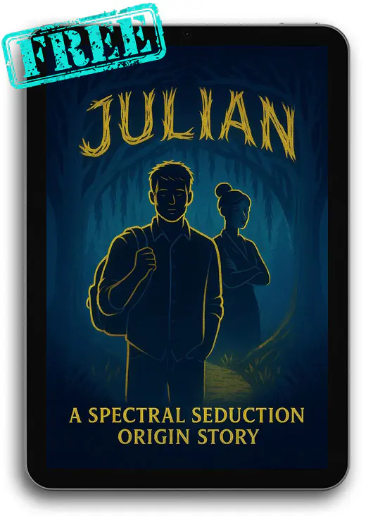Julian by Devora Gray and Len M. Ruth, a free Spectral Seduction prequel displayed on a tablet with a stamp labeled FREE, featuring a man with a backpack and a woman in a dark forest.