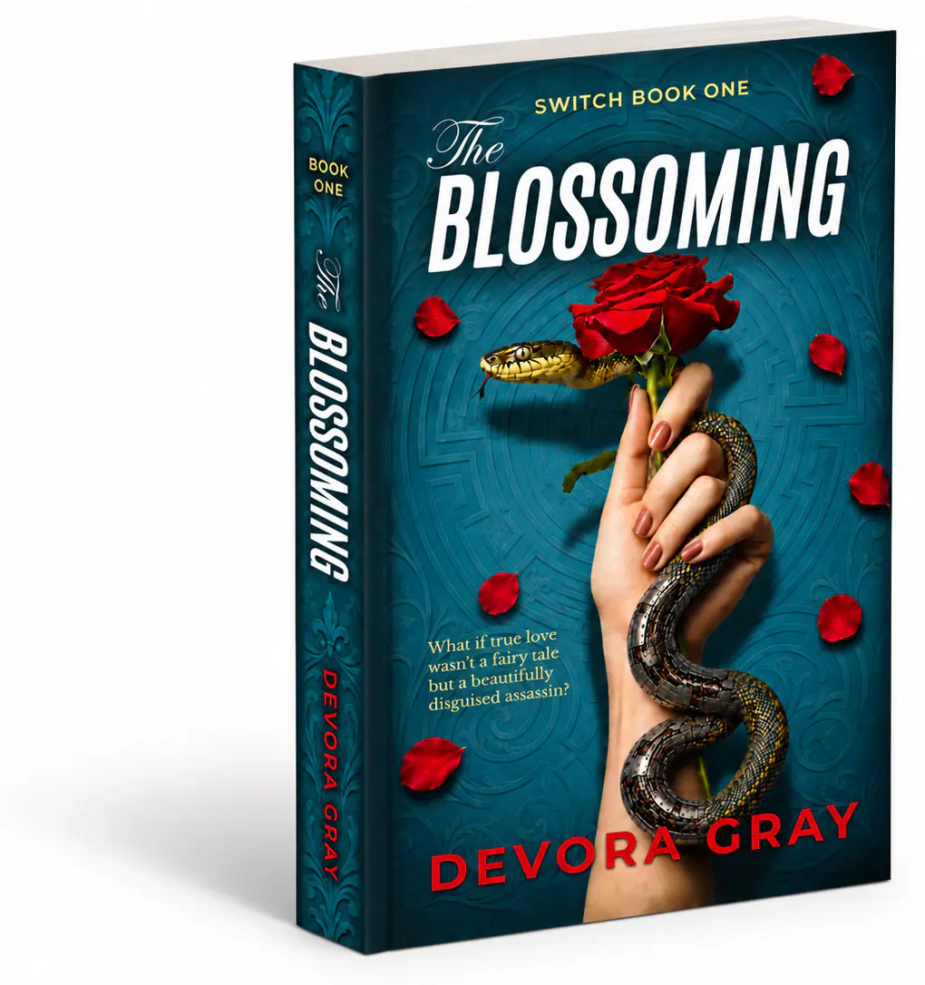 The Blossoming by Devora Gray, book one of the Switch trilogy. Paperback cover featuring a hand holding a rose entwined with a snake.